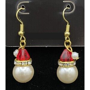 Handmade Santa Head Crystal Glass & Faux Pearl Gold Tone Earrings by Neanie-Bot
